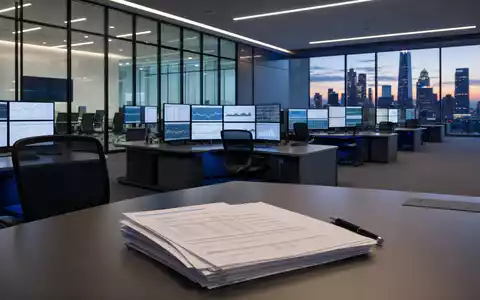 State Street Corp. (US8574771031) zeigt modernes Trading-Büro mit Monitoren, Skyline und Dokumenten im Hintergrund - Foto: THN