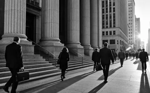 State Street Corp. (US8574771031) dokumentiert Finanzviertel mit Geschäftsleuten vor historischer Bankfassade morgens - Foto: THN