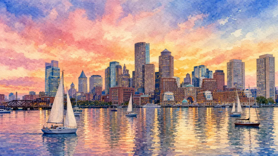 Aquarellmalerei der Boston-Skyline am Wasser bei Sonnenuntergang