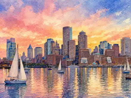 State Street Corp. (US8574771031) inspiriert Aquarellbild der Boston-Skyline mit Segelbooten bei Sonnenuntergang - Foto: THN