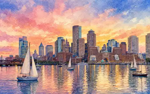 State Street Corp. (US8574771031) inspiriert Aquarellbild der Boston-Skyline mit Segelbooten bei Sonnenuntergang - Foto: THN
