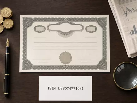 State Street Corp. (US8574771031) illustriert Flatlay mit Aktienzertifikat, ISIN-Karte, Füllfederhalter und Goldmünzen - Foto: THN