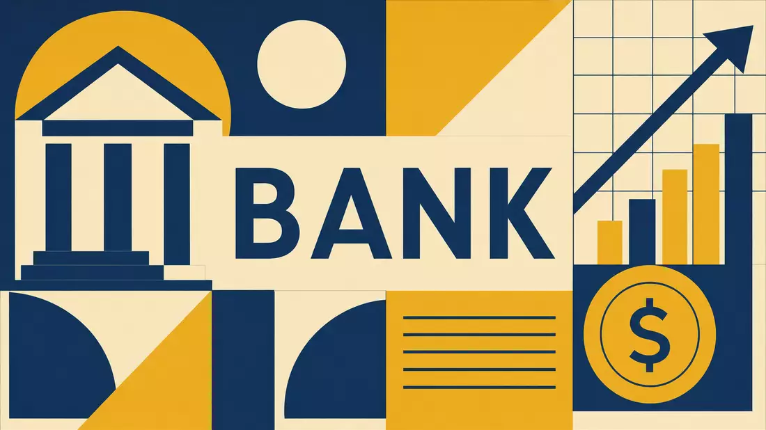 Bauhaus-Poster mit geometrischen Formen und dem Wort BANK in Blau und Gelb