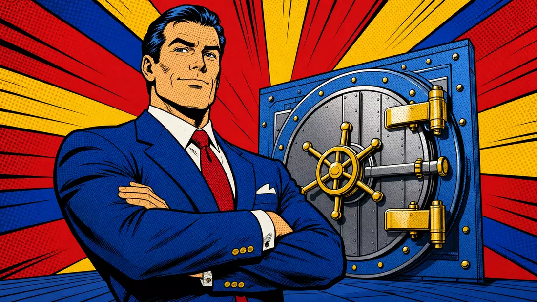 Pop-Art-Comic mit Banker im Anzug vor bunter Tresortür