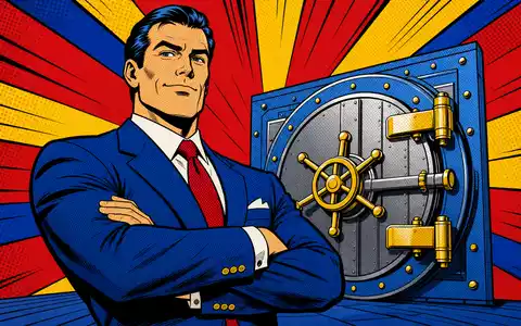 State Street Corp. (US8574771031) inszeniert Pop-Art-Comic mit selbstbewusstem Banker vor stilisiertem Tresor - Foto: THN