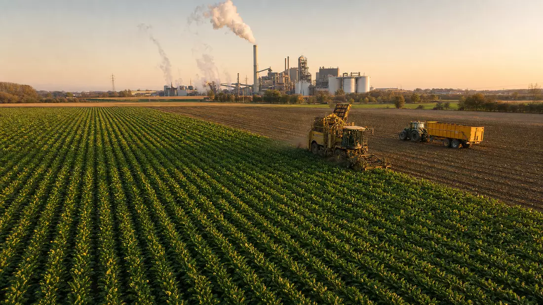 Zuckerrübenfeld mit Erntemaschine vor Fabrikanlage im goldenen Abendlicht