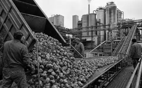 Südzucker AG (DE0007297004) dokumentiert in Schwarzweiß Arbeiter beim Entladen von Zuckerrüben an einer Fabrik - Foto: THN