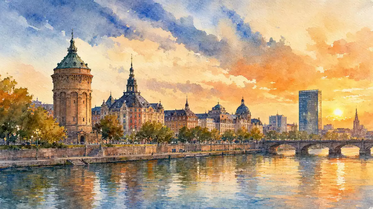 Aquarell der Mannheimer Skyline mit Wasserturm und Rhein bei Sonnenuntergang