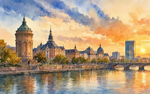 Südzucker AG (DE0007297004) präsentiert die Mannheimer Skyline am Rhein als stimmungsvolles Aquarellgemälde bei Sonnenuntergang - Foto: THN