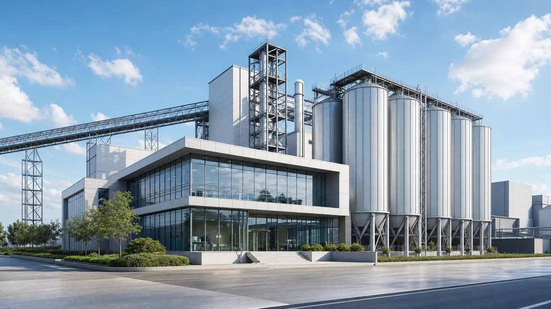 Architektur-Rendering einer modernen Raffinerieanlage mit Silos und Glasfassade