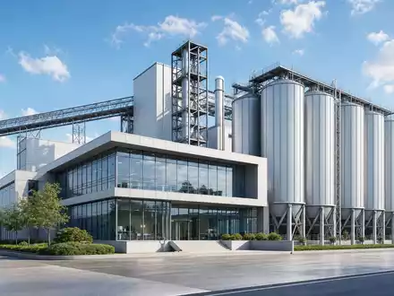 Südzucker AG (DE0007297004) illustriert als Architektur-Render eine moderne Zuckerraffinerie mit Silos und Verwaltungsgebäude - Foto: THN