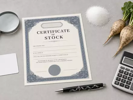 Südzucker AG (DE0007297004) zeigt als Flatlay Aktienzertifikat, ISIN-Karte, Zuckerrüben und Zucker auf hellem Untergrund - Foto: THN