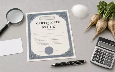 Südzucker AG (DE0007297004) zeigt als Flatlay Aktienzertifikat, ISIN-Karte, Zuckerrüben und Zucker auf hellem Untergrund - Foto: THN