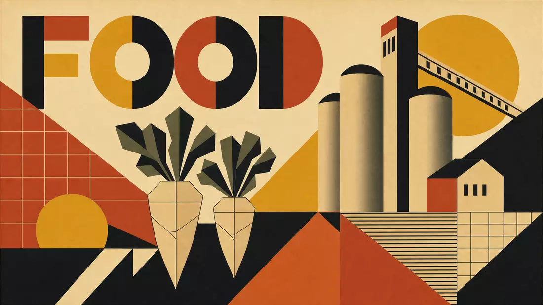 Bauhaus-Poster mit geometrischen Formen, Schriftzug FOOD und stilisierten Zuckerrüben