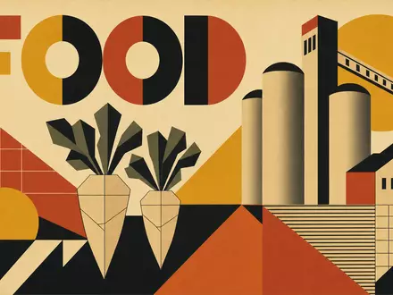 Südzucker AG (DE0007297004) wird als geometrisches Bauhaus-Poster mit Sektor-Schriftzug FOOD und Rübenformen dargestellt - Foto: THN