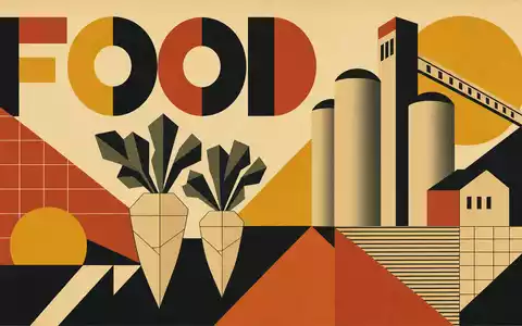 Südzucker AG (DE0007297004) wird als geometrisches Bauhaus-Poster mit Sektor-Schriftzug FOOD und Rübenformen dargestellt - Foto: THN