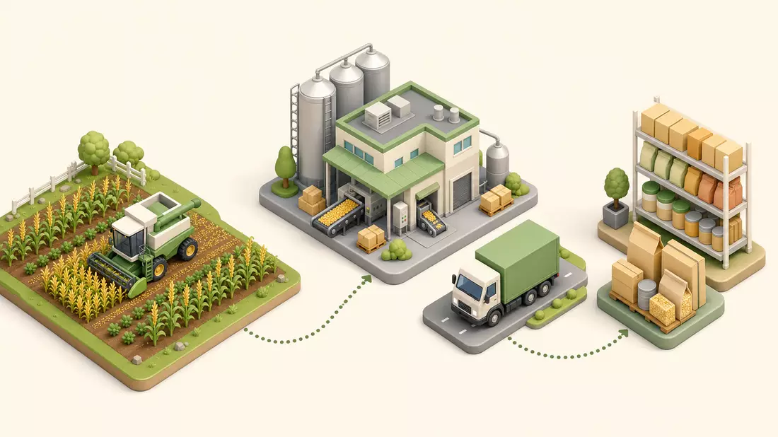 Isometrische 3D-Grafik der Wertschöpfungskette von Feld, Fabrik, Lkw bis Regal