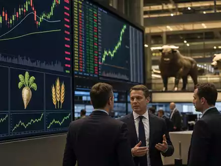 Südzucker AG (DE0007297004) zeigt editorial den Frankfurter Handelssaal mit Charts und Agrar-Rohstoffsymbolen für Investoren - Foto: THN