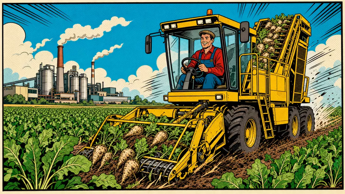 Pop-Art-Comic eines lächelnden Landwirts auf Erntemaschine vor Zuckerfabrik