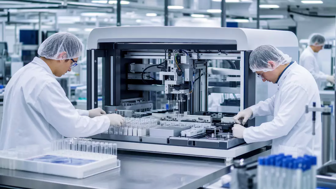Techniker montieren automatisiertes Diagnostik-Analysegerät in modernem Reinraum