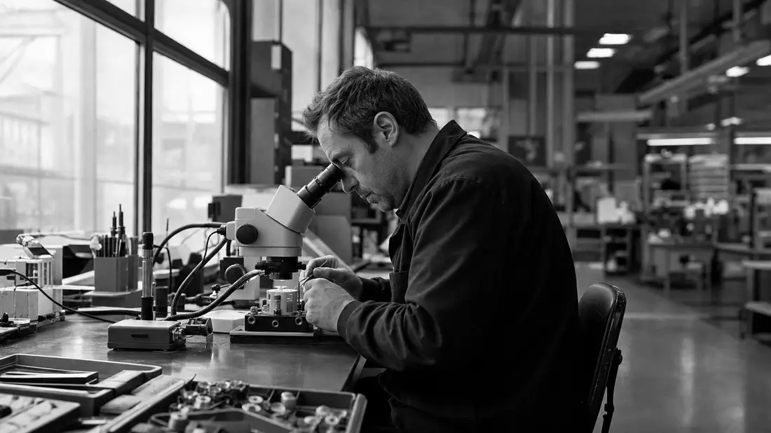 Schwarzweißfoto eines Technikers bei Mikroskoparbeit in der Gerätefertigung