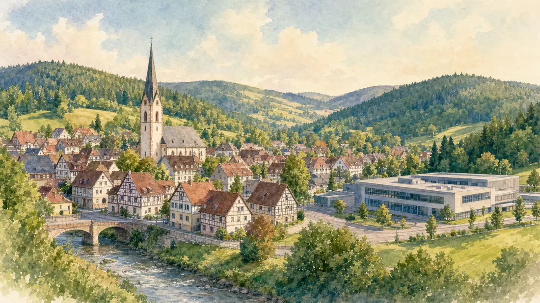 Aquarellmalerei der Kleinstadt Birkenfeld mit Kirchturm und modernem Firmengebäude