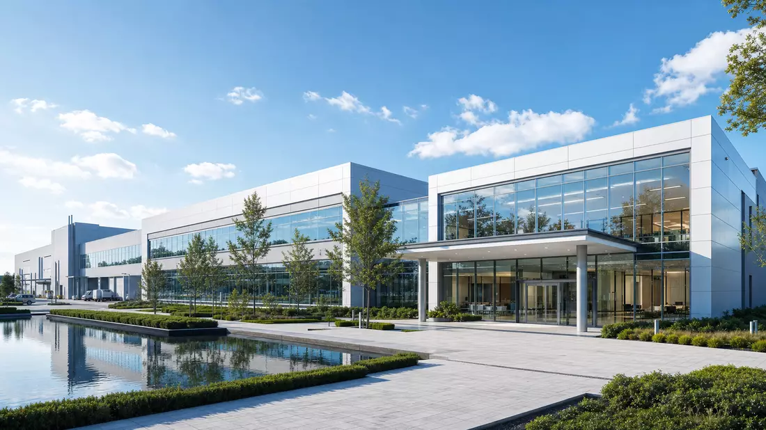 3D-Architekturrendering eines modernen Medizintechnik-Firmengebäudes mit Glasfassade