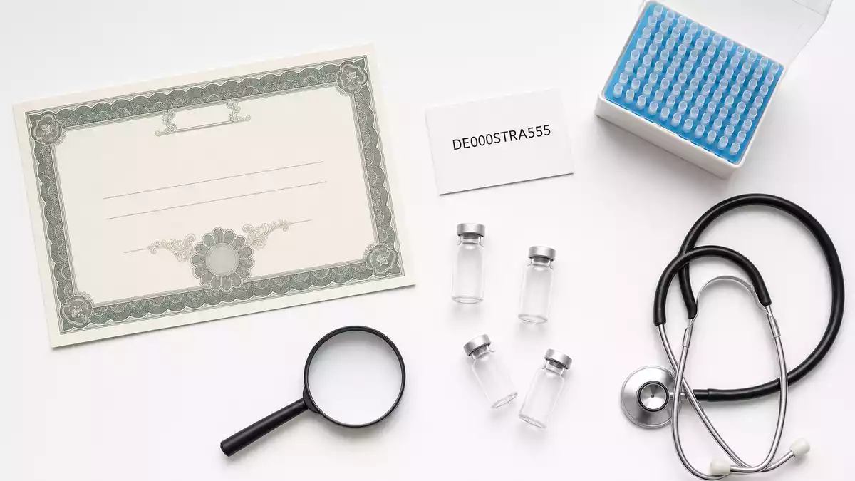 Flatlay mit Aktienzertifikat, ISIN-Karte, Probenfläschchen und medizinischen Utensilien