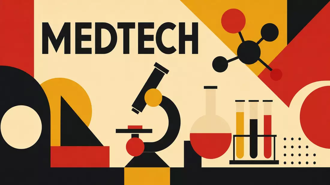 Bauhaus-Poster mit geometrischen Formen, Mikroskop-Symbol und Schriftzug MEDTECH