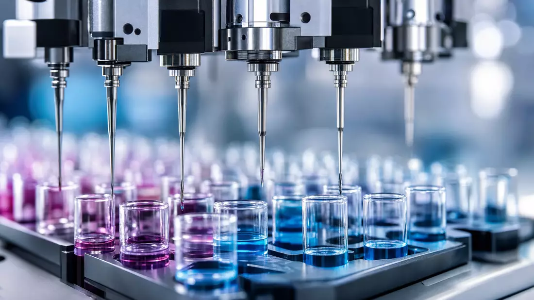 Makroaufnahme automatisierter Pipettiernadeln über bunten Reagenzgläsern im Labor