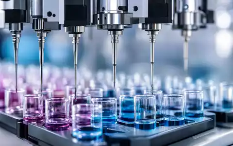 Stratec SE (DE000STRA555) entwickelt Pipettiertechnik, gezeigt in dieser Makroaufnahme automatisierter Präzisionsnadeln über Reagenzgläsern - Foto: THN