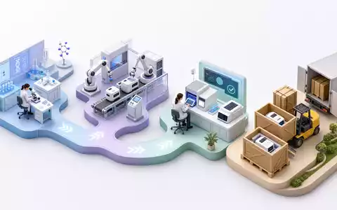 Stratec SE (DE000STRA555) deckt die gesamte Wertschöpfungskette ab, illustriert in dieser isometrischen 3D-Prozessgrafik - Foto: THN
