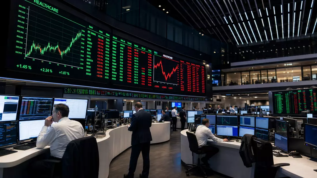 Trading-Floor der Frankfurter Börse mit Kurstafeln und Gesundheitssektor-Charts