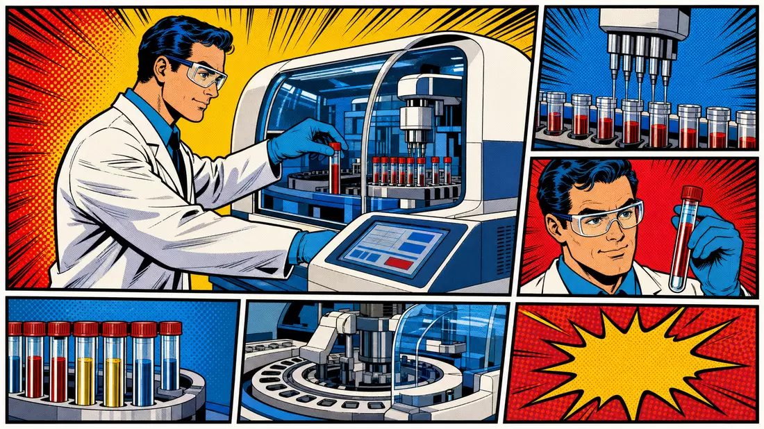 Pop-Art-Comic zeigt Wissenschaftler an futuristischem Laborautomationsgerät