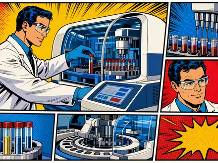 Stratec SE (DE000STRA555) treibt Laborautomation voran, humorvoll inszeniert in dieser bunten Pop-Art-Comic-Illustration - Foto: THN