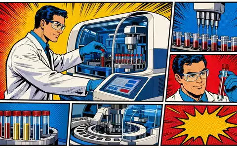 Stratec SE (DE000STRA555) treibt Laborautomation voran, humorvoll inszeniert in dieser bunten Pop-Art-Comic-Illustration - Foto: THN