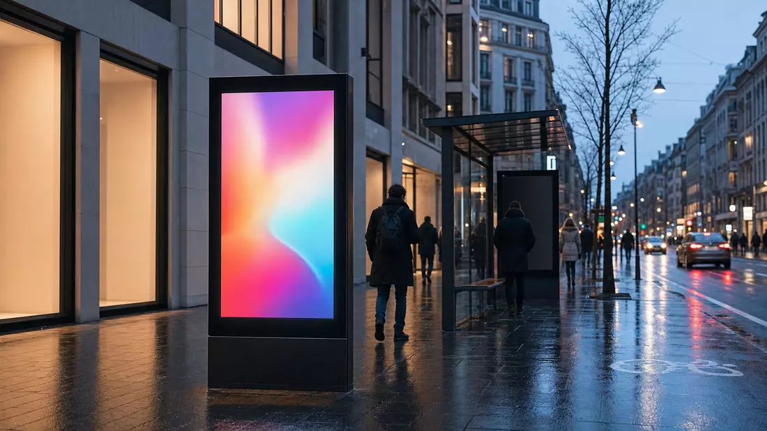 Digitaler Werbebildschirm mit abstraktem Farbverlauf an einer nassen Stadtstraße bei Dämmerung
