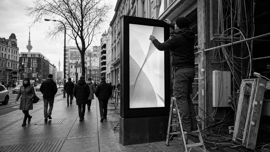 Schwarzweiß-Dokumentarfoto eines Technikers bei der Montage eines digitalen Werbebildschirms