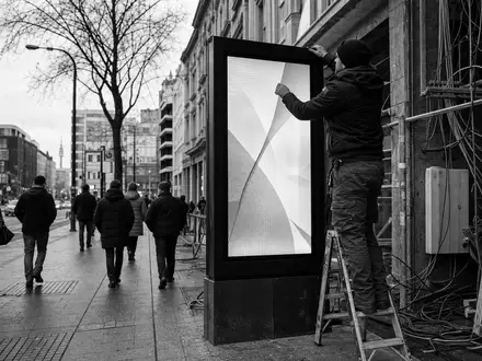 Ströer SE & Co. KGaA (DE0007493991) installiert Außenwerbetechnik, dokumentarisch in Schwarzweiß-Reportage-Fotografie festgehalten - Foto: THN