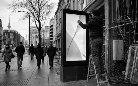 Ströer SE & Co. KGaA (DE0007493991) installiert Außenwerbetechnik, dokumentarisch in Schwarzweiß-Reportage-Fotografie festgehalten - Foto: THN