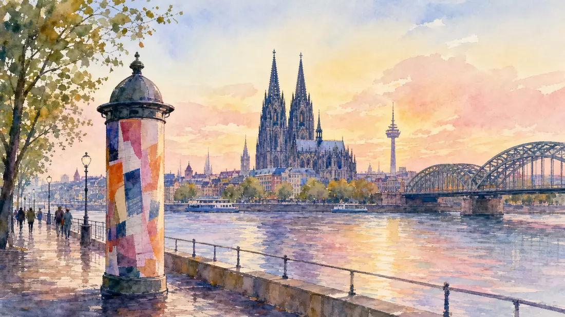 Aquarellmalerei der Kölner Skyline mit Dom, Rhein und stilisierter Werbesäule am Ufer