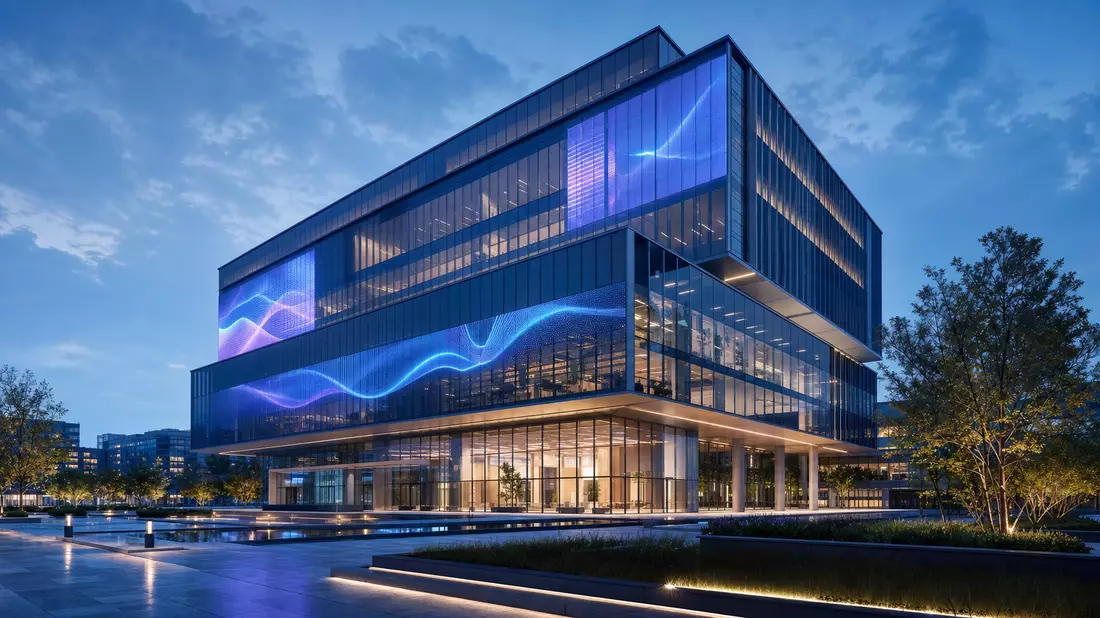 3D-Architekturvisualisierung eines gläsernen Bürohochhauses mit digitaler Lichtfassade bei Nacht