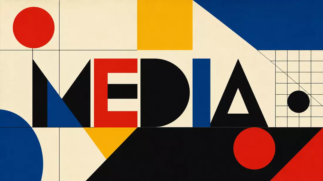 Bauhaus-inspiriertes geometrisches Poster mit dem Wort MEDIA in Rot, Gelb, Blau und Schwarz