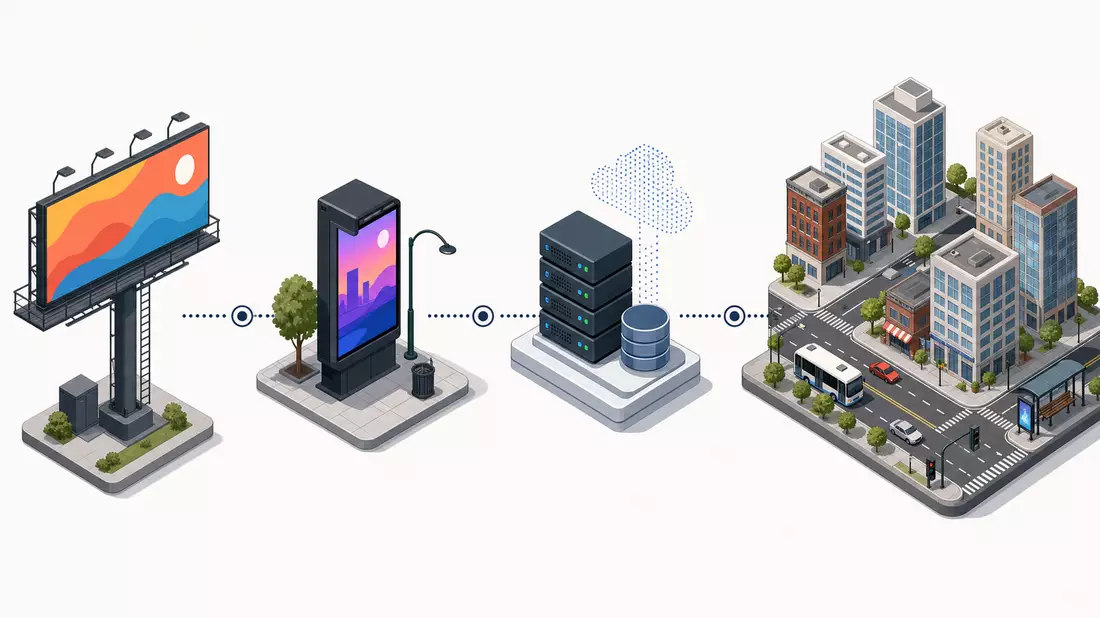 Isometrische 3D-Grafik zeigt Werbetafel, Digitalscreen, Datenserver und Stadtviertel als Kette