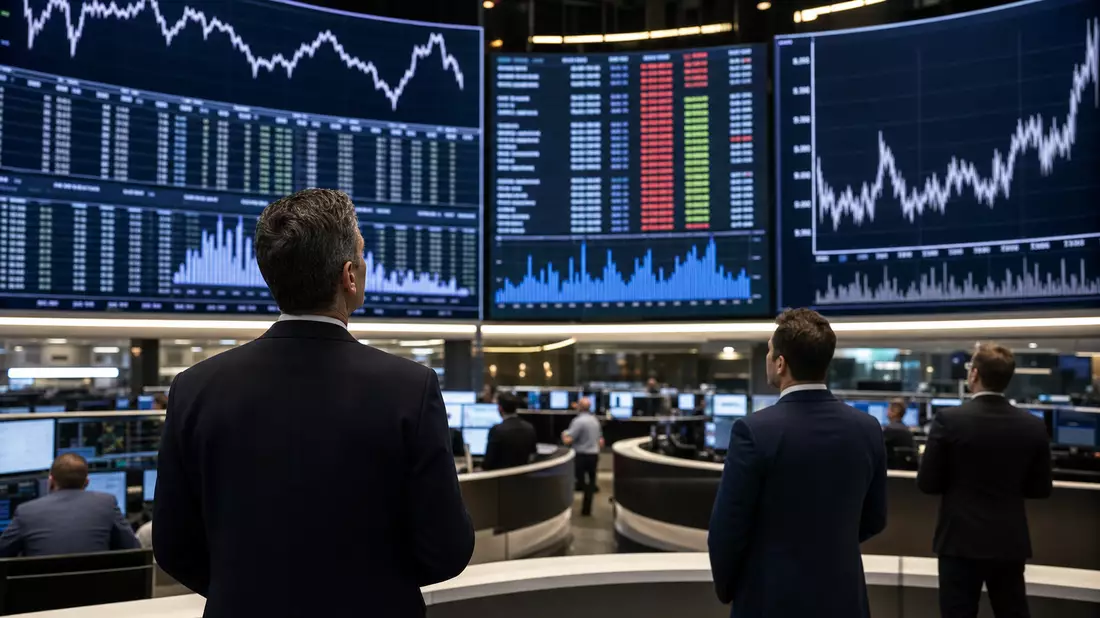 Trading-Floor der Frankfurter Börse mit großen Kursdiagrammen und Händlern in Anzügen