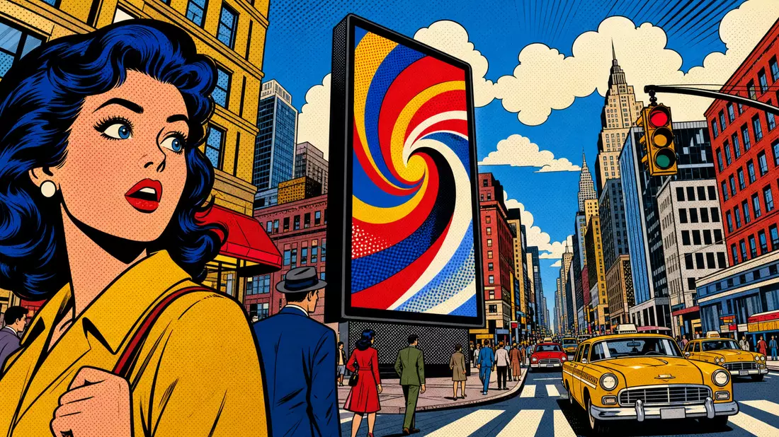Pop-Art-Comic-Illustration einer Straßenszene mit digitalem Werbebildschirm und abstraktem Wirbelmuster