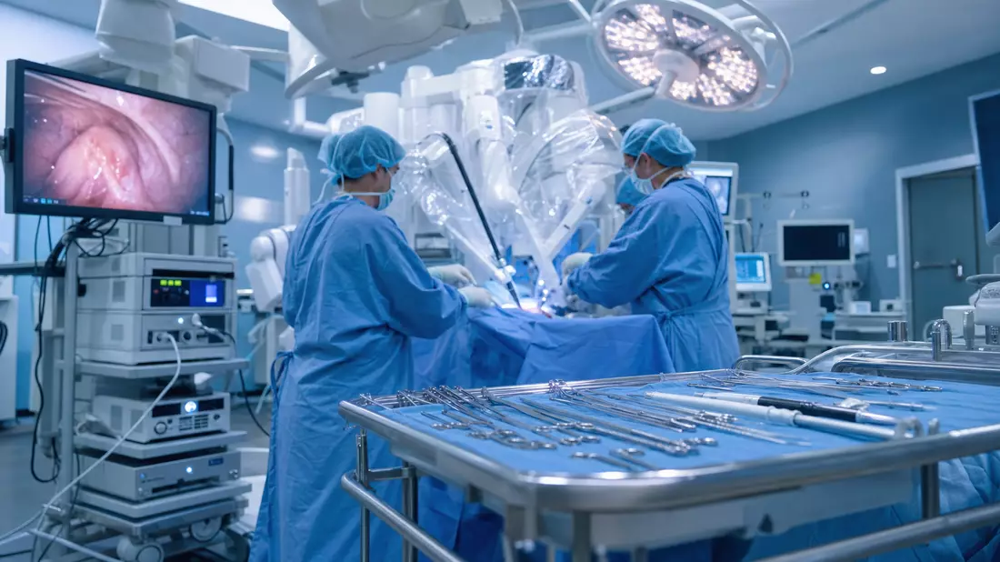 Fotorealistischer OP-Saal mit robotergestützter Chirurgie und sterilen Instrumenten
