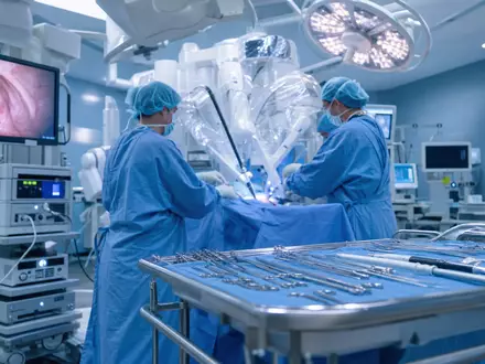 Fotorealistische Operationssaal-Szene veranschaulicht Stryker Corp. US8636671013 mit robotergestützter Chirurgie und moderner Medizintechnik-Ausstattung - Foto: THN