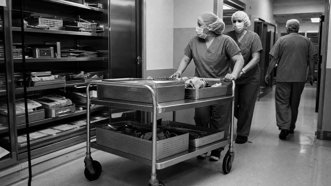 Schwarzweiß-Dokumentarfoto von Klinikpersonal mit sterilem Instrumentenwagen im Flur