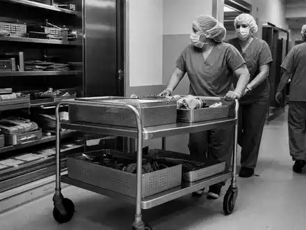 Schwarzweiß-Reportagefoto zeigt Klinikpersonal mit Instrumentenwagen, passend zu Stryker Corp. US8636671013 im Medizintechnik-Sektor - Foto: THN